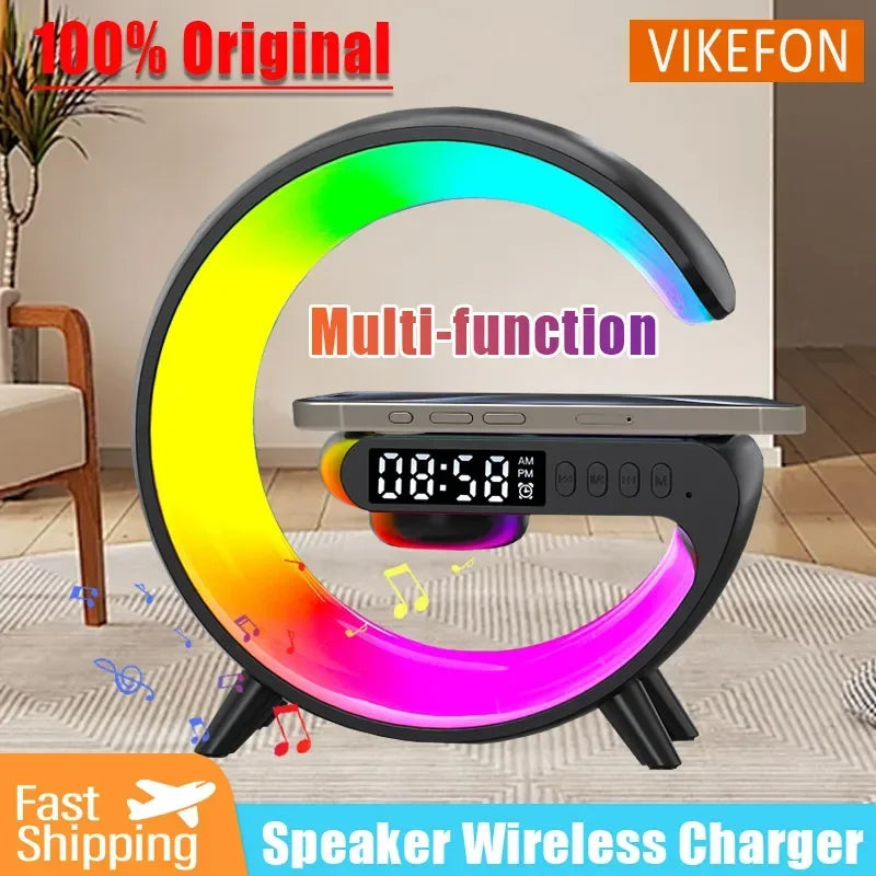 Wireless Charger Stand Pad RGB G Light Alarm Clock Speaker For iPhone