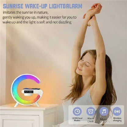 Wireless Charger Stand Pad RGB G Light Alarm Clock Speaker For iPhone