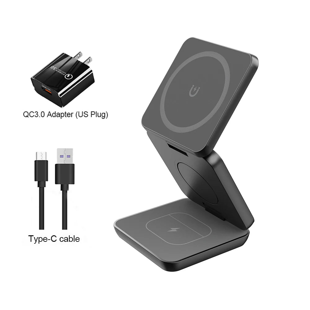 3 in 1 Foldable Magnetic Wireless Charger Stand for iPhone 16 15 14 13 12 Pro Max