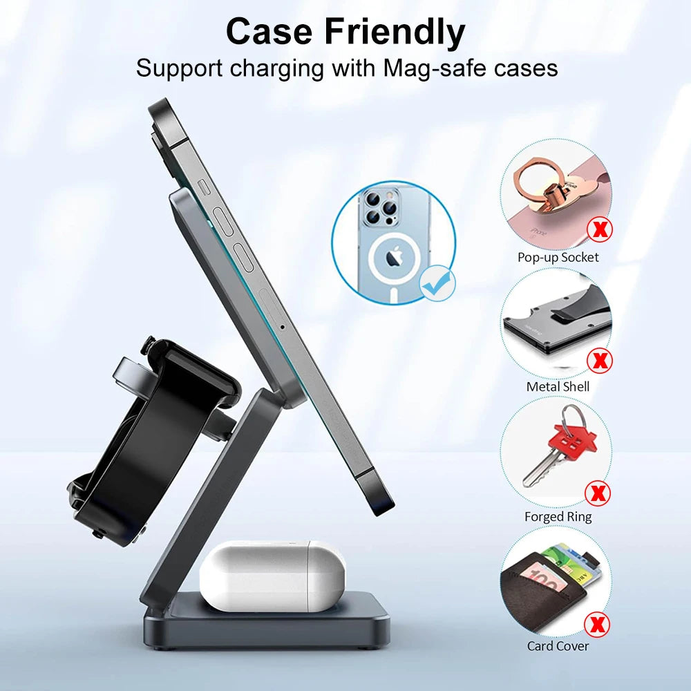 3 in 1 Foldable Magnetic Wireless Charger Stand for iPhone 16 15 14 13 12 Pro Max