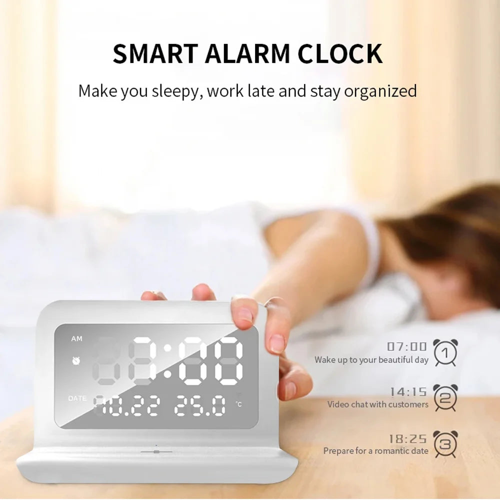 Wireless Charger Pad Stand Alarm Clock Thermometer for Fast Charging
