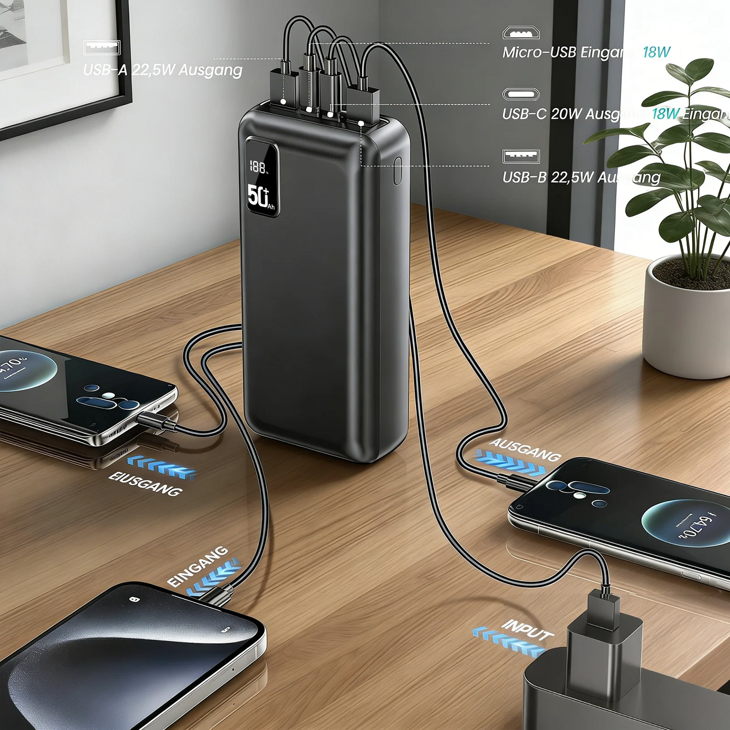 Hganus 50000mAh Power Bank QC PD3.0 22.5W Fast Charging Type