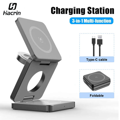 3 in 1 Foldable Magnetic Wireless Charger Stand for iPhone 16 15 14 13 12 Pro Max