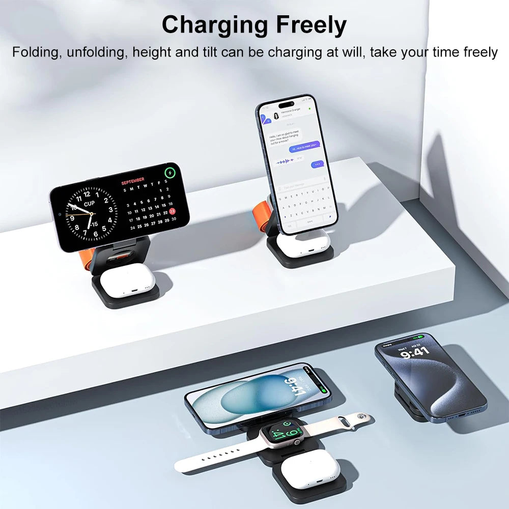 3 in 1 Foldable Magnetic Wireless Charger Stand for iPhone 16 15 14 13 12 Pro Max