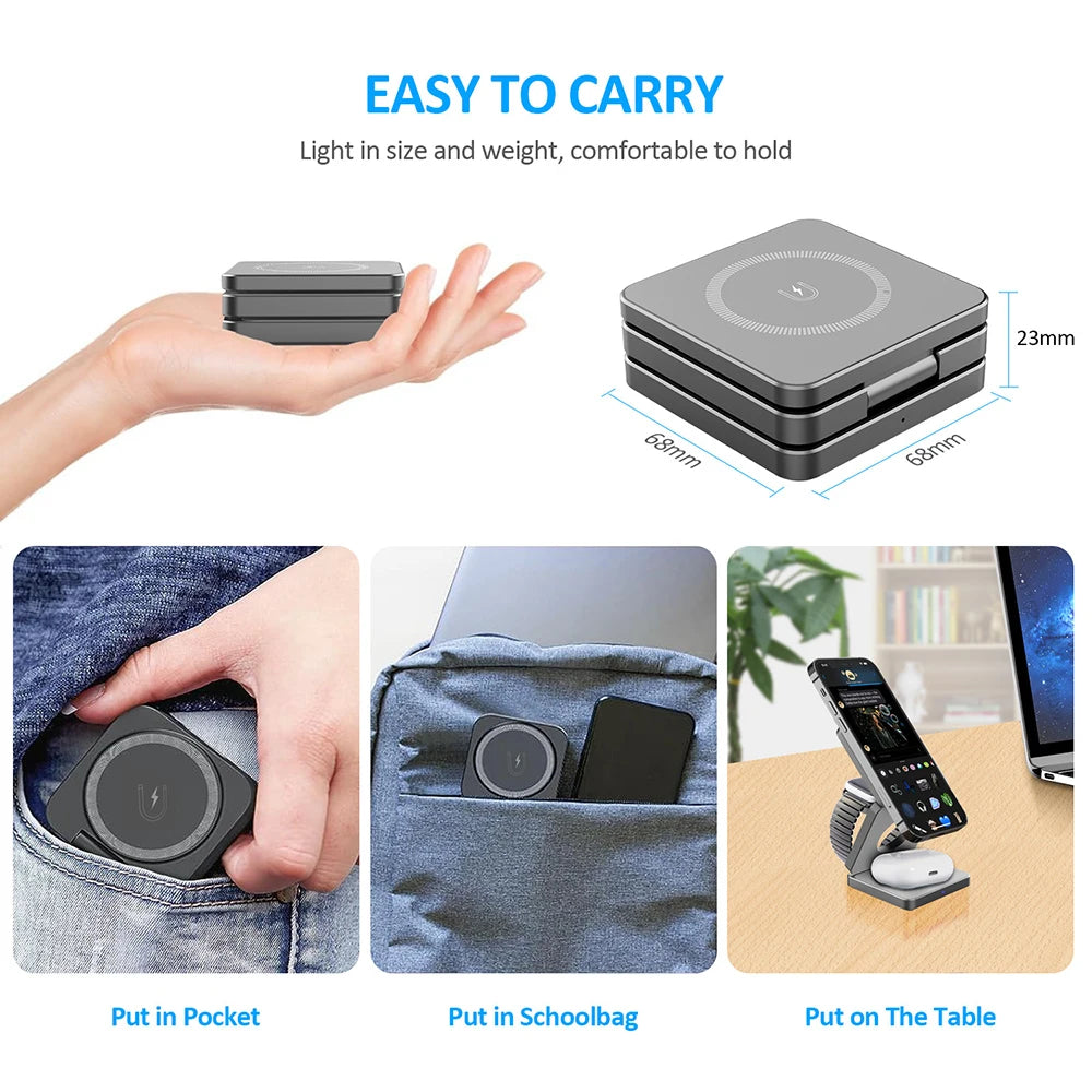 3 in 1 Foldable Magnetic Wireless Charger Stand for iPhone 16 15 14 13 12 Pro Max