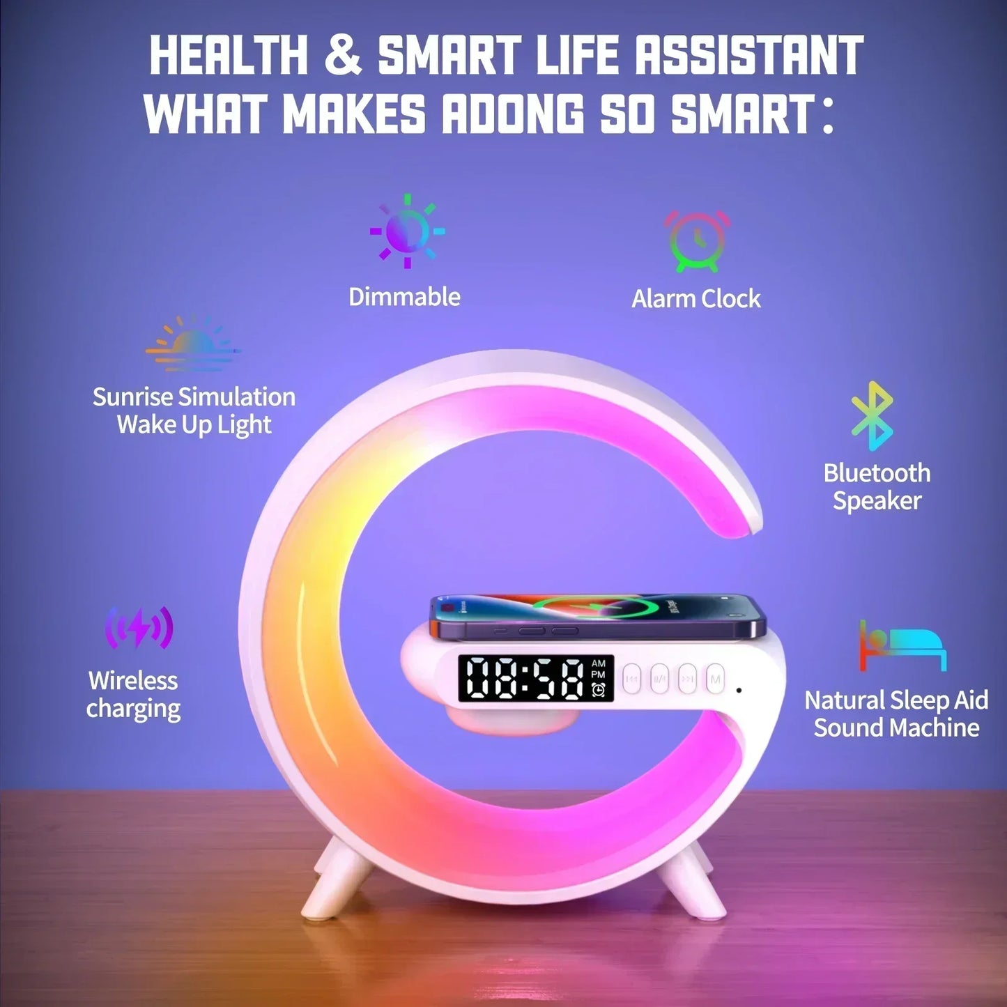 Wireless Charger Stand Pad RGB G Light Alarm Clock Speaker For iPhone