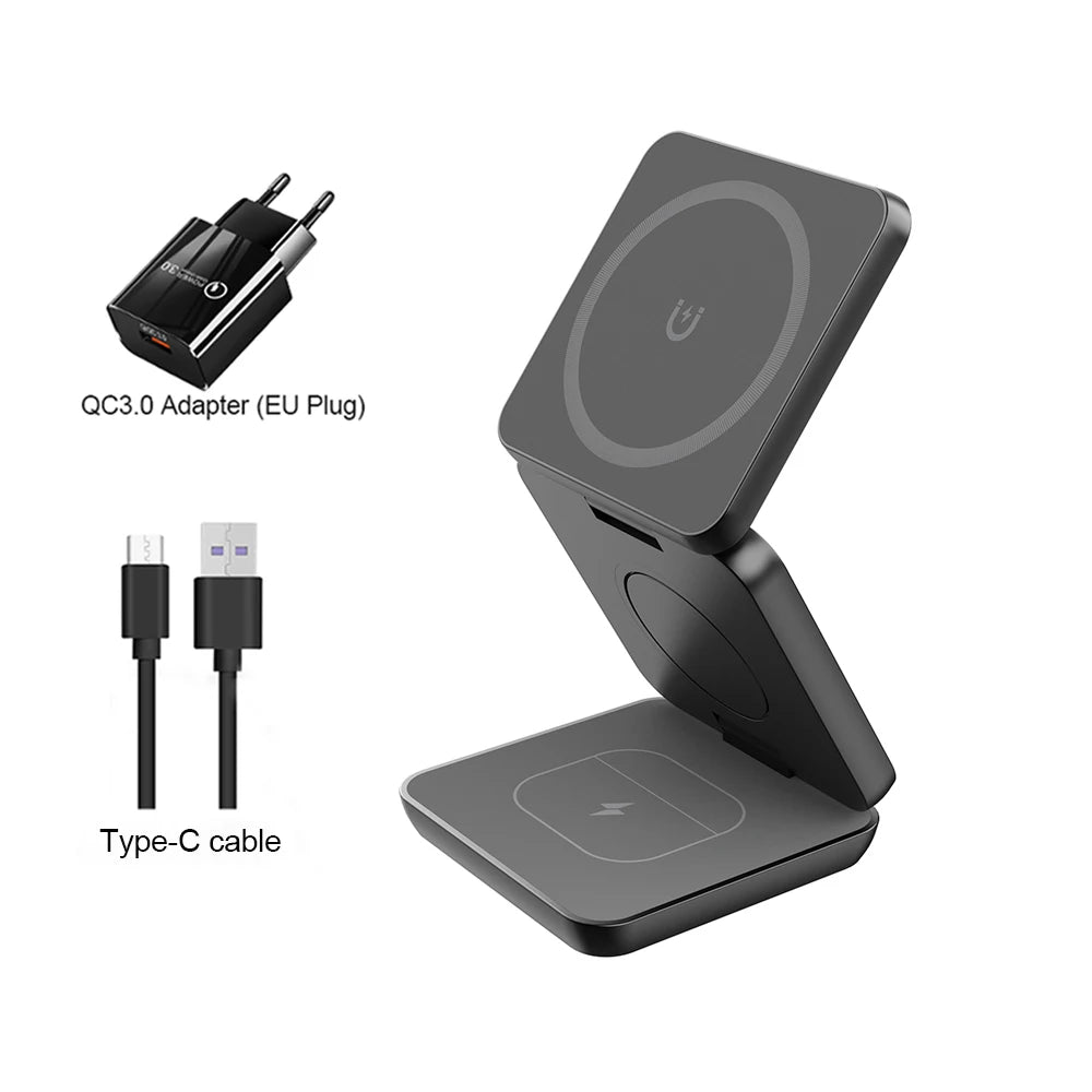 3 in 1 Foldable Magnetic Wireless Charger Stand for iPhone 16 15 14 13 12 Pro Max