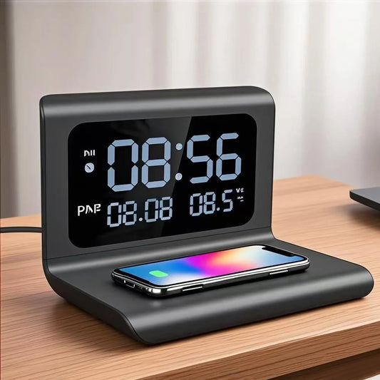 Wireless Charger Pad Stand Alarm Clock Thermometer for Fast Charging