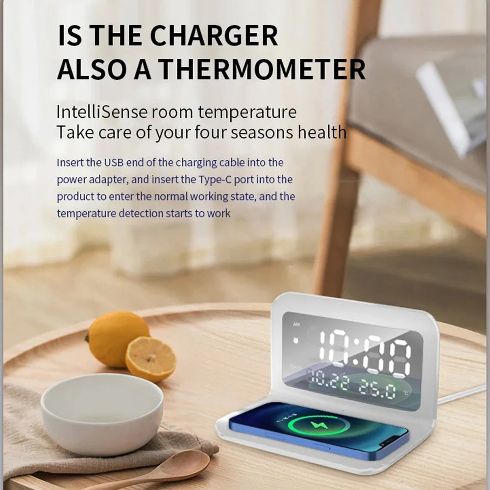Wireless Charger Pad Stand Alarm Clock Thermometer for Fast Charging